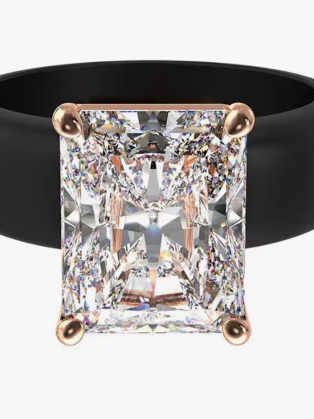 Black and Rose Gold Solitaire Ring with Clear Emerald-Cut Stone with Silicone